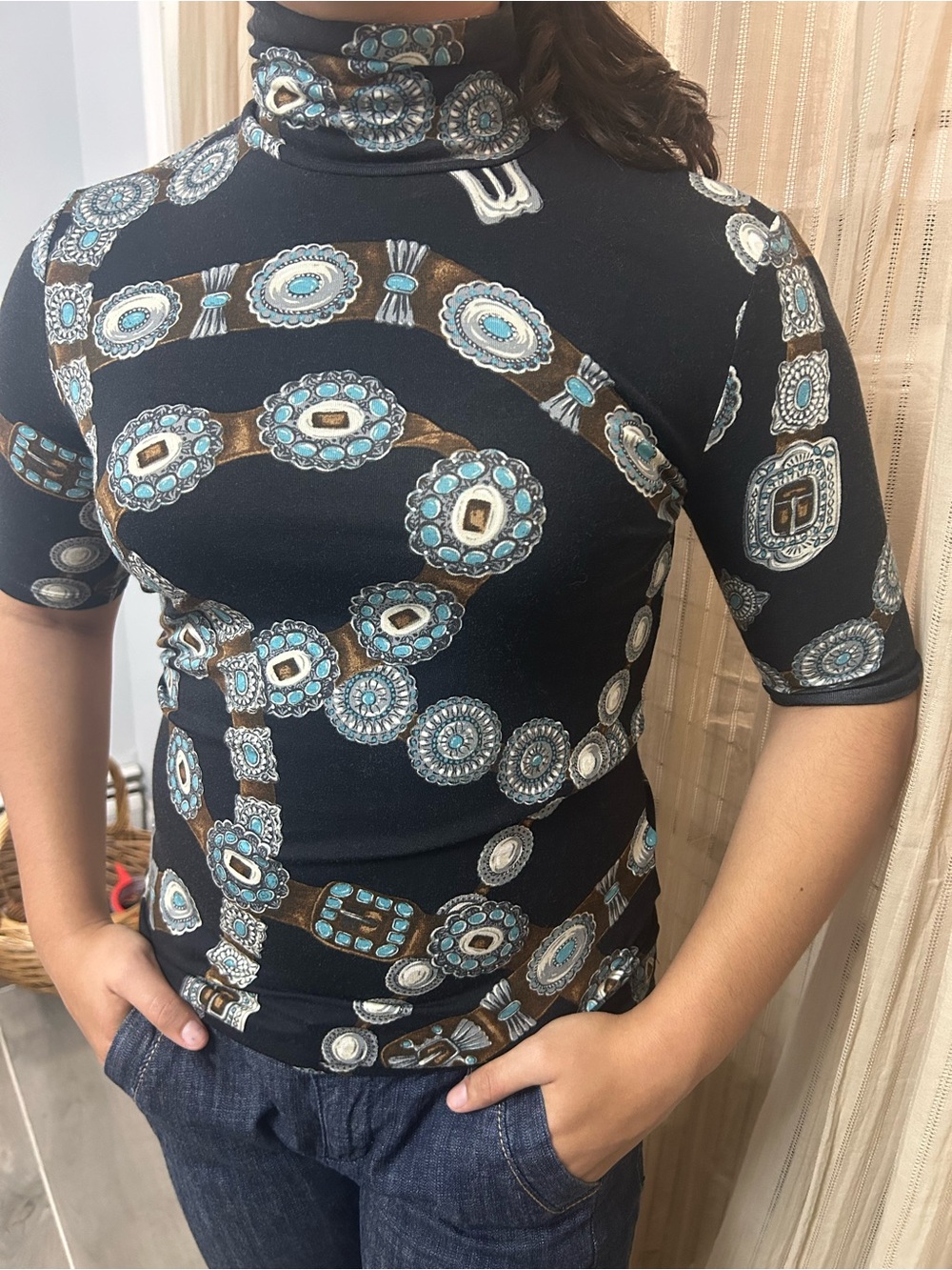 Ralph Lauren Black 3/4 Sleeve Turtleneck Top with Turquoise Medallion Print